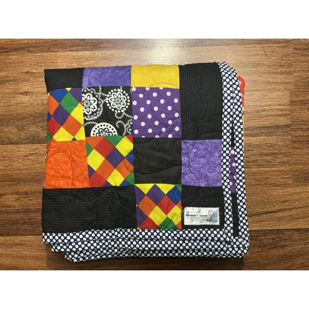 Handmade Colorful Vibrant Patchwork Quilt W/Black Trim 53in X 54in